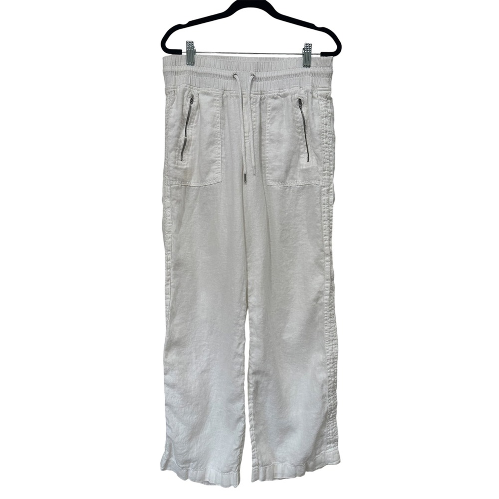 Athleta Cabo Linen Wide Leg Pants White Size 8 Drawstring Pockets Casual Summer